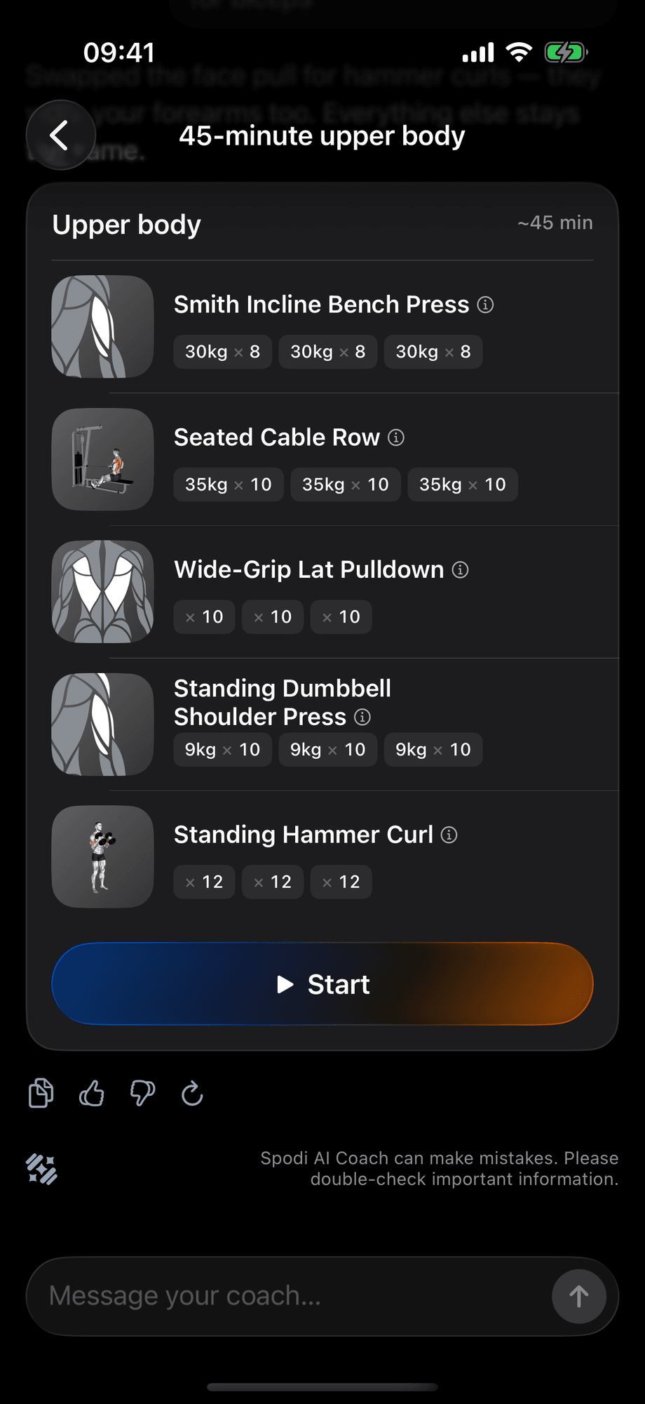 Workout card in AI coach chat