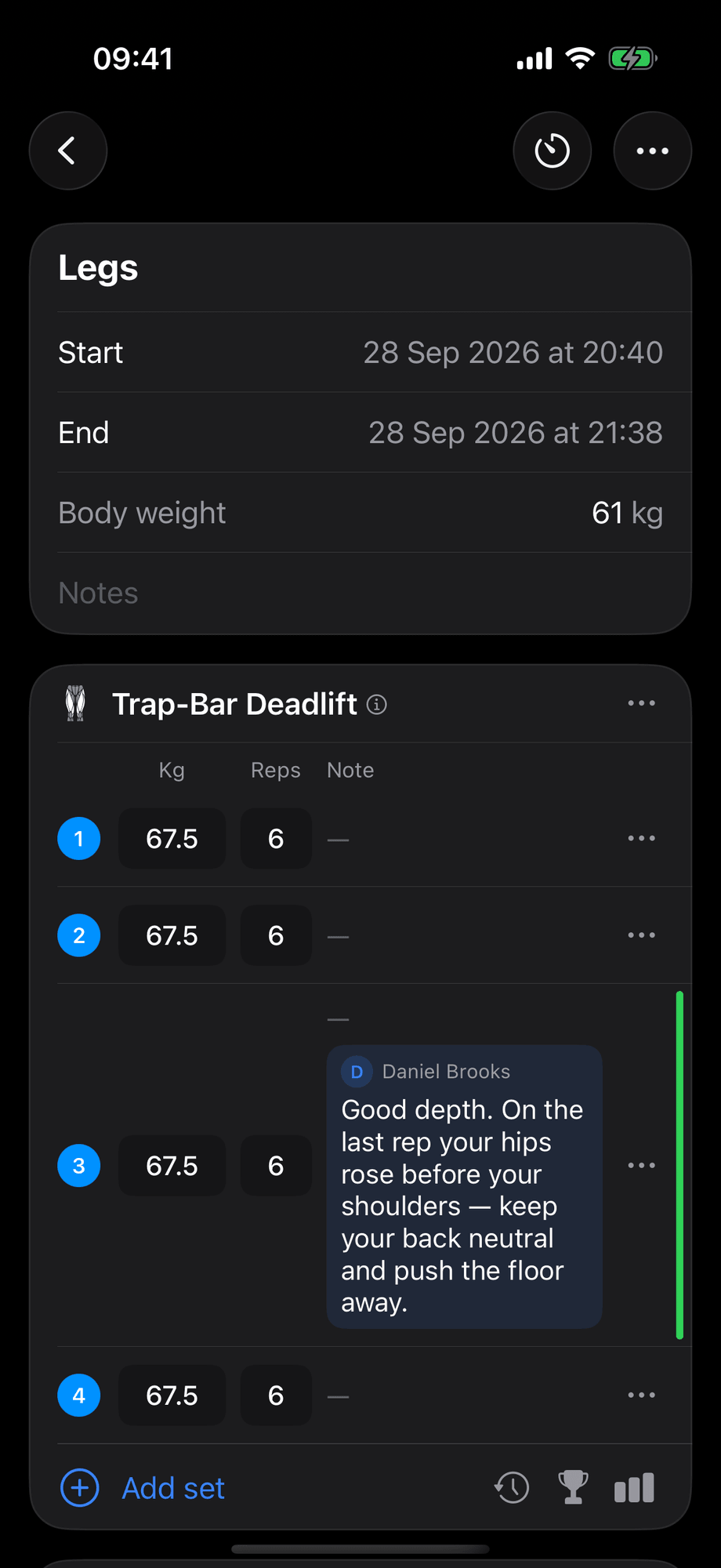 Coach comments inside a client’s workout