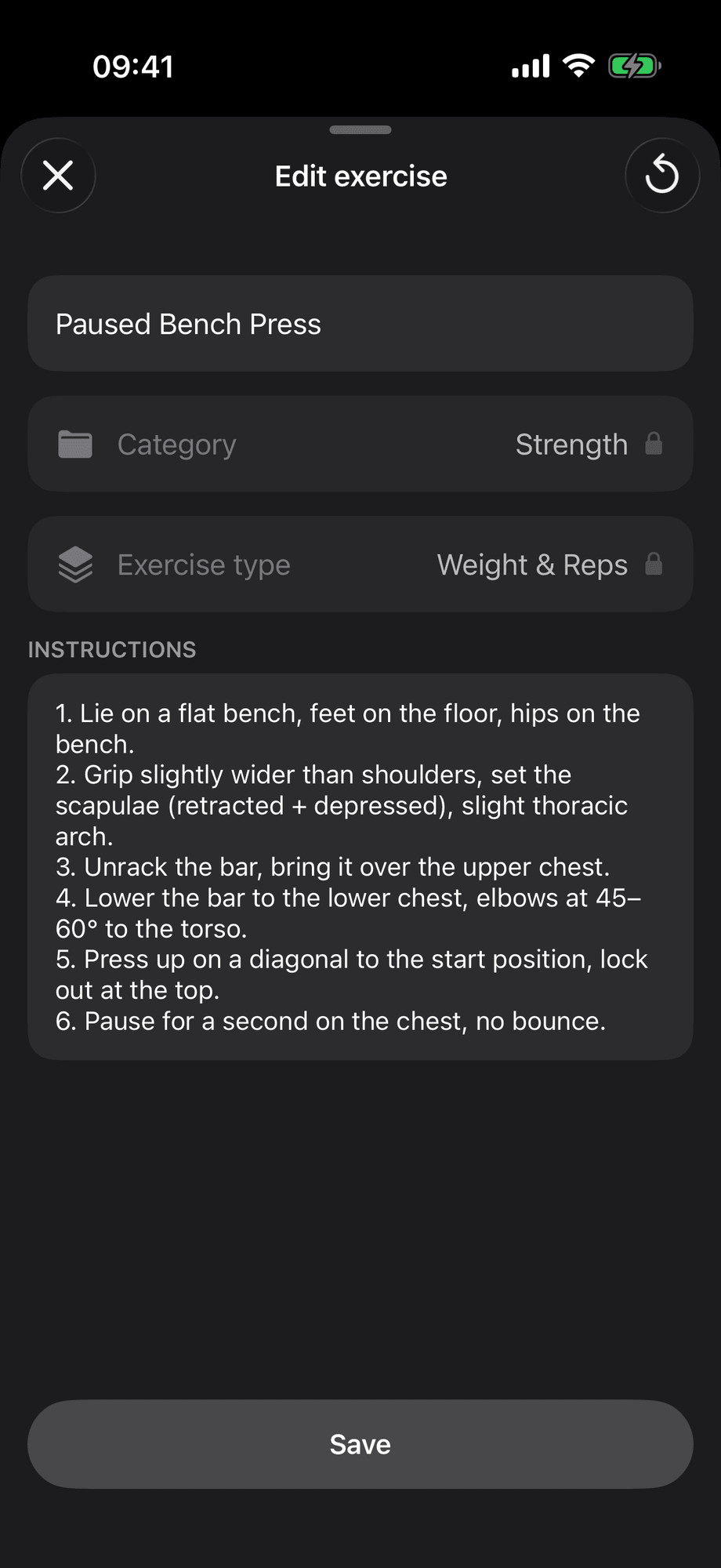 Exercise editor with a custom name and an extra technique line