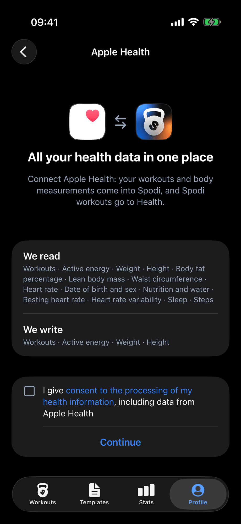 Apple Health connection screen: what Spodi reads and writes
