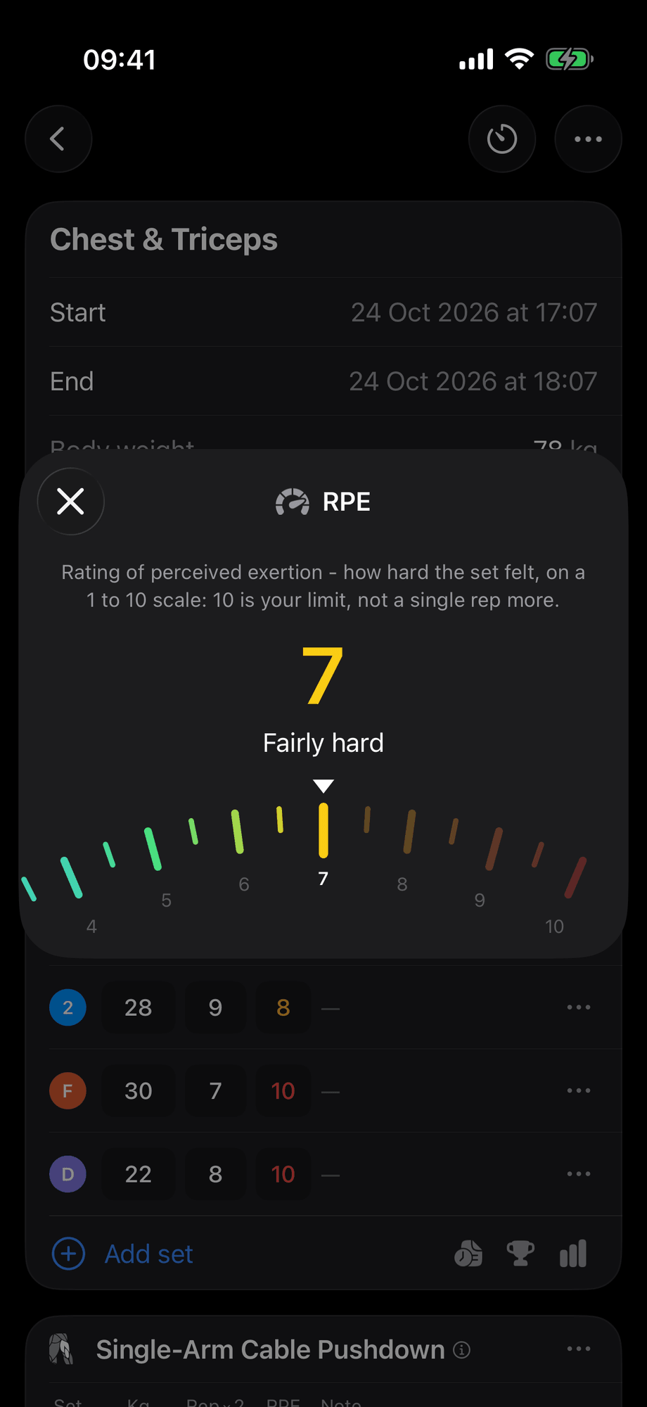 RPE rating popup for a set