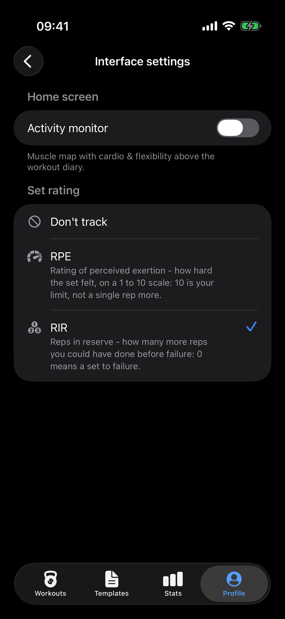 Interface settings with the RIR scale selected
