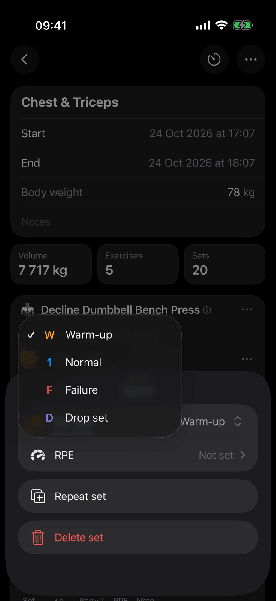 Set type picker: warm-up, normal, failure, drop set