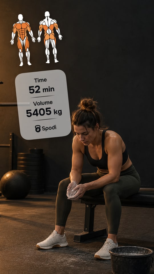 Story: muscles and numbers over a gym photo